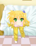  bed blonde_hair blush camisole character_request flat_chest from_above green_eyes highres long_hair looking_up off_shoulder open_clothes open_shirt original pajamas shirt sitting smile solo twintails 