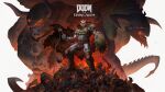  1boy absurdres armor cape copyright_name curled_horns demon doom:_the_dark_ages doom_(series) doomguy full_body fur_cape glowing glowing_eyes helmet highres holding holding_flail holding_shield horns large_horns male_focus mecha patrick_ganas robot shield shoulder_pads shoulder_spikes space_helmet sparks spikes standing 