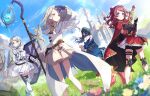  4girls absurdres arm_armor arm_shield armor axe battle_axe belt belt_pouch blonde_hair blue_eyes blue_sky blush cape castle closed_mouth cloud commentary_request day fantasy flower gakuen_idolmaster grass green_eyes green_hair grey_hair hair_ornament hairclip hanami_saki highres holding holding_staff idolmaster katsuragi_lilja knee_pads long_hair looking_afar looking_back mage_staff multiple_girls orange_eyes outdoors pouch red_cape red_hair reikakrzk shield shinosawa_hiro shirt short_hair shoulder_armor sky smile staff standing thigh_strap thighhighs tsukimura_temari vambraces weapon weapon_on_back white_shirt white_thighhighs 