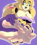  5_toes anthro barefoot bear blue_eyes bodily_fluids breasts brown_body brown_fur brown_hair colored_nails eyeshadow fan_character feet female five_nights_at_freddy&#039;s foot_fetish foot_focus freckles fredbear_(fnaf) fredbear_(lesangd_tw) fur hair hi_res humanoid_feet lesangd_tw lipstick makeup mammal nails plantigrade purple_eyeshadow purple_lipstick purple_nails scottgames soles solo sweat sweaty_feet toes 