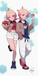  1boy 1girl ;) blonde_hair blue_eyes brown_jacket closed_mouth commentary cropped_shirt grin hand_in_pocket highres jacket leg_up long_sleeves looking_at_viewer meru_merume603 one_eye_closed pants pink_shoes poke_ball poke_ball_(basic) pokemon pokemon_legends:_z-a red_shirt shirt shoes shorts signature smile standing standing_on_one_leg taunie_(pokemon) teeth tongue tongue_out urbain_(pokemon) 
