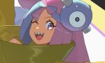  1girl ;d blue_hair bow-shaped_hair character_hair_ornament eyelashes hair_ornament happy iono_(pokemon) jacket looking_at_viewer multicolored_hair one_eye_closed open_mouth orlek pokemon pokemon_sv portrait purple_eyes smile solo two-tone_hair yellow_jacket 
