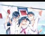  2boys black_hair braid closed_eyes flag fujiwara_rika glasses group_hug hug kazama_shun kokurikozaka_kara komatsuzaki_umi letterboxed mizunuma_shirou multiple_boys school_uniform serafuku smile twin_braids 