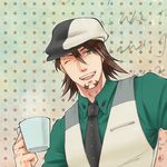  bad_id bad_pixiv_id brown_eyes brown_hair cabbie_hat coffee_mug cup facial_hair hanakuma hat kaburagi_t_kotetsu male_focus mug necktie one_eye_closed solo stubble tiger_&amp;_bunny vest waistcoat 