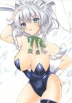  1girl absurdres animal_ears aqua_eyes black_leotard blush bow bowtie braid breasts collarbone commentary_request covered_navel detached_collar green_bow green_bowtie grey_hair hair_bow hand_in_own_hair highres izayoi_sakuya large_breasts leotard maid_headdress medium_hair open_mouth pink_petals playboy_bunny rabbit_ears rabbit_tail solo tail thigh_strap thighs touhou twin_braids white_background white_wrist_cuffs wrist_cuffs yamiichif 
