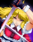  blonde_hair dual_wielding gloves holding hyudora lips maid maid_headdress red_eyes smile solo sword touhou touhou_(pc-98) weapon yumeko 