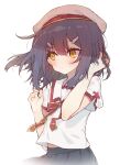  1girl absurdres black_hair bow expressionless fate/kaleid_liner_prisma_illya fate_(series) hand_in_own_hair hands_up highres homurabara_academy_elementary_school_uniform long_hair looking_to_the_side midriff_peek miyu_edelfelt pleated_skirt red_bow school_uniform shirt short_sleeves skirt solo tomo_(ryo_i_so_) upper_body white_shirt yellow_eyes 