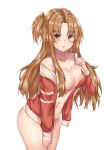  1girl absurdres asuna_(sao) bangs blush braid breasts brown_eyes brown_hair collarbone commentary english_commentary erect_nipples eyebrows_visible_through_hair hand_on_own_chest hand_on_own_leg highres jacket kanniepan large_breasts long_hair looking_at_viewer naked_coat navel open_clothes open_jacket parted_bangs red_jacket simple_background solo sword_art_online white_background 