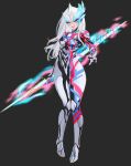  1girl :d absurdres armor asymmetrical_bodysuit asymmetrical_horns black_background black_bodysuit blue_bodysuit blue_eyes blue_horns blush bodysuit boots breasts color_timer commentary commentary_typo crossed_bangs dorsal_fin energy_spear energy_weapon fangs full_body genderswap genderswap_(mtf) gloves glowing glowing_horns gradient_eyes hair_between_eyes headgear highres holding holding_polearm holding_weapon horns humanization knees_together_feet_apart lips long_hair looking_at_viewer makeup mascara medium_breasts multicolored_bodysuit multicolored_eyes open_mouth polearm red_bodysuit red_eyes shoulder_armor shoulder_pads silver_bodysuit silver_boots silver_gloves simple_background skin_tight smile solo standing teeth thick_eyelashes tokusatsu tsurime two-tone_eyes ultra_series ultraman_blazar ultraman_blazar_(series) weapon white_hair wide_hips yi_(user_jwth4284) 