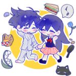  1boy 1girl barefoot black_shoes blue_flower blue_rose cat chibi chibi_only chocolate_chip_cookie closed_eyes coajvejdgi1508 collared_shirt colored_skin cookie flower food frying_pan hector_(omori) hero_(headspace)_(omori) hero_(omori) holding holding_frying_pan holding_hands lily_of_the_valley long_hair long_sleeves mari_(headspace)_(omori) mari_(omori) mewo musical_note neckerchief omori open_mouth pajamas pet_rock picnic_basket pleated_skirt purple_hair purple_sweater_vest red_neckerchief red_skirt rose sandwich shirt shoes short_hair skirt speech_bubble spoken_musical_note striped_clothes striped_pajamas sweater_vest vertical-striped_clothes vertical-striped_pajamas white_shirt white_skin 