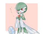 ariumu artist_name blush bob_cut colored_skin dress electric_fan gardevoir green_hair green_skin multicolored_skin pink_background pokemon pokemon_(creature) red_eyes signature simple_background sweat two-tone_skin white_dress white_skin 