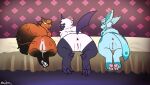 2025 3_toes 4_toes absol anus bed blue_body blue_eyes blue_fur blue_tail brown_body brown_fur brown_tail butt claws digital_drawing_(artwork) digital_media_(artwork) eeveelution feet female feral fur furniture generation_3_pokemon generation_4_pokemon generation_8_pokemon genitals glaceon group hi_res horn inner_ear_fluff inside lonewolffl looking_at_viewer looking_back looking_back_at_viewer lying lying_on_bed nickit nintendo on_bed on_front open_mouth pawpads paws pokemon pokemon_(species) quadruped rear_view smile tail toe_claws toes trio tuft vulva white_body white_fur