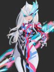  1girl :d absurdres armor asymmetrical_bodysuit asymmetrical_horns black_background black_bodysuit blue_bodysuit blue_eyes blue_horns blush bodysuit breasts color_timer commentary commentary_typo cowboy_shot cropped crossed_bangs dated dorsal_fin energy_spear energy_weapon fangs genderswap genderswap_(mtf) gloves glowing glowing_horns gradient_eyes hair_between_eyes headgear highres holding holding_polearm holding_weapon horns humanization legs_together lips long_hair looking_at_viewer makeup mascara medium_breasts multicolored_bodysuit multicolored_eyes open_mouth polearm red_bodysuit red_eyes shoulder_armor shoulder_pads signature silver_bodysuit silver_gloves simple_background skin_tight smile solo standing teeth thick_eyelashes tokusatsu tsurime two-tone_eyes ultra_series ultraman_blazar ultraman_blazar_(series) weapon white_hair wide_hips yi_(user_jwth4284) 