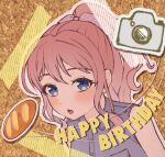  1girl bang_dream! bare_shoulders blue_eyes blush bow bread brown_hair buttons camera claya67443 commentary denim denim_jacket food hair_bow highres jacket long_hair looking_at_viewer open_mouth ponytail sleeveless sleeveless_jacket solo teeth upper_body upper_teeth_only yamabuki_saya 