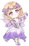  1girl absurdres armlet blonde_hair blooming_dreams_(infinity_nikki) bracelet bug butterfly chibi circlet closed_mouth collar detached_collar dress elbow_gloves eyelashes fairy fairy_wings fake_pointy_ears floral_print flower gloves hair_flower hair_ornament happy head_tilt highres infinity_nikki jewelry lace_collar light_blush long_dress looking_ahead medium_hair nikki_(series) outstretched_arms pantyhose pleated_dress purple_butterfly purple_dress purple_eyes purple_flower purple_gloves purple_shoes purple_wings shoes simple_background sleeveless sleeveless_dress smile solo standing tareme two-tone_dress wavy_hair white_background white_collar white_dress white_pantyhose wings zhizhizhizhizhizong 
