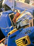  1980s_(style) green_eyes gundam gundam_sentinel highres incom_(gundam) katoki_hajime machinery mecha mecha_focus mixed-language_commentary mobile_suit no_humans official_art painting_(medium) realistic retro_artstyle robot s_gundam scan science_fiction traditional_media upper_body v-fin 