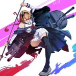  1girl absurdres adapted_turret black_hairband blonde_hair blue_capelet blue_eyes blue_overskirt breasts cannon capelet crown dress earrings flower gegesan hair_between_eyes hairband highres jewelry kantai_collection long_hair long_sleeves looking_at_viewer low-tied_long_hair machinery medium_breasts mini_crown necklace off-shoulder_dress off_shoulder polearm red_flower red_rose rigging rose solo thighhighs valiant_(kancolle) weapon white_dress 