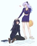  2girls acheron_(honkai:_star_rail) black_swan_(honkai:_star_rail) blush breasts charathegay cheerleader couple crop_top crop_top_overhang hair_over_one_eye highres holding holding_pom_poms honkai:_star_rail honkai_(series) long_hair looking_at_another midriff miniskirt multiple_girls navel pants pleated_skirt pom_pom_(cheerleading) purple_eyes purple_hair shirt shoes simple_background skirt smile sneakers white_background white_hair white_shirt yellow_eyes yuri 