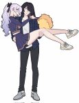  2girls acheron_(honkai:_star_rail) black_swan_(honkai:_star_rail) blush breasts charathegay cheerleader couple crop_top crop_top_overhang hair_over_one_eye highres holding holding_pom_poms honkai:_star_rail honkai_(series) long_hair looking_at_another midriff miniskirt multiple_girls navel pants pleated_skirt pom_pom_(cheerleading) purple_eyes purple_hair shirt shoes simple_background skirt smile sneakers white_background white_hair white_shirt yellow_eyes yuri 
