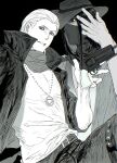  2boys belt black_jacket cowboy_hat greyscale gun hashtag-only_commentary hat hidan_(naruto) highres holding holding_gun holding_weapon jacket jewelry kakuzu_(naruto) looking_at_viewer male_focus mask monochrome multiple_boys naruto_(series) naruto_shippuuden necklace qwerl revolver shirt weapon white_shirt 