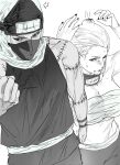 1boy 1girl akatsuki_uniform anger_vein angry breasts chest_sarashi cleavage forehead_protector genderswap genderswap_(mtf) hashtag-only_commentary hidan_(naruto) highres kakuzu_(naruto) large_breasts mask mouth_mask nail_polish naruto_(series) naruto_shippuuden ninja ninja_mask qwerl sarashi shirt short_hair simple_background sleeveless sleeveless_shirt sweat white_background 