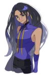  1girl black_hair black_pants breasts ch_walnut closed_mouth covered_collarbone eyelashes geeta_(pokemon) gloves highres long_hair neck_ribbon pants pokemon pokemon_sv ribbon shirt simple_background sleeveless sleeveless_shirt smile solo white_background 