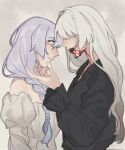  2girls acheron_(honkai:_star_rail) black_swan_(honkai:_star_rail) blood blood_from_mouth breasts charathegay couple hair_between_eyes hair_over_one_eye highres honkai:_star_rail honkai_(series) long_hair looking_at_another multiple_girls no_eyes open_mouth purple_hair shirt simple_background white_background white_hair white_shirt yellow_eyes yuri 