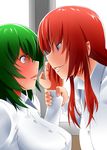  blue_eyes breasts contemporary dress_shirt eye_contact face-to-face green_hair hong_meiling kazami_yuuka large_breasts long_hair looking_at_another mattari_yufi multiple_girls red_eyes red_hair role_reversal shirt short_hair touhou wrist_grab 