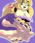  5_toes anthro barefoot bear blue_eyes breasts brown_body brown_fur brown_hair colored_nails eyeshadow fan_character feet female five_nights_at_freddy&#039;s foot_fetish foot_focus freckles fredbear_(fnaf) fredbear_(lesangd_tw) fur hair hi_res humanoid_feet lesangd_tw lipstick makeup mammal nails plantigrade purple_eyeshadow purple_lipstick purple_nails scottgames soles solo toes 