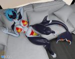 anthro big_breasts big_tail bikini blue_hair breasts cetacean cleavage clothed clothing curvy_figure dolphin female furniture generation_1_pokemon hair hand_behind_head hi_res hotel_room jewelry looking_at_viewer lying mammal marine multicolored_body multicolored_clothing nintendo oceanic_dolphin on_back orange_eyes orca pattern_clothing pikachu pokemon pokemon_(species) reclining red_bikini red_clothing red_swimwear rileyarlic_(artist) sea sofa solo striped_clothing stripes swimwear tail thick_thighs tongue tongue_out toothed_whale two-piece_swimsuit two_tone_body two_tone_clothing water wet wet_body wide_hips zea_nalya