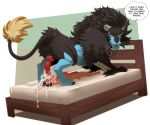 animal_genitalia animal_penis balls bed bestiality black_body black_fur blue_body blue_fur bodily_fluids claws cum cum_in_mouth cum_inflation cum_inside cum_on_face cum_on_penis dominant dominant_feral dominant_male duo english_text erection felid fellatio feral fur furniture generation_4_pokemon genital_fluids genitals hair human human_on_feral inflation interspecies knot larger_feral larger_male local_cannibal luxray male male/male male_penetrated male_penetrating male_penetrating_male mammal nintendo nude nude_human on_bed oral oral_penetration penetration penile penis pokemon pokemon_(species) sex size_difference smaller_male submissive submissive_human submissive_male tail text