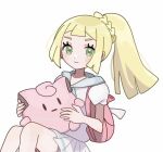  1girl backpack bag blonde_hair closed_mouth doll eneko_(olavcnkrpucl16a) eyelashes green_eyes holding holding_doll lillie_(pokemon) long_hair pink_bag pleated_skirt pokemon pokemon_sm ponytail shirt short_sleeves simple_background skirt smile solo white_background white_shirt white_skirt 