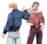  antonio_lopez belt blonde_hair blue_eyes blue_jacket bomber_jacket brown_eyes brown_hair chest_hair dark_skin dark_skinned_male denim fist_bump imasan jacket jeans keith_goodman male_focus multiple_boys pants tiger_&amp;_bunny v-neck 