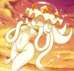 2025 anthro big_breasts bikini biped blush breasts closed_smile clothing cloud dusk female generation_7_pokemon harriett_(latiar) heart_symbol hi_res latiar mouth_closed nihilego nintendo outside pokemon pokemon_(species) pseudo_hair sky smile solo sparkles standing swimwear two-piece_swimsuit ultra_beast white_body wide_hips yellow_bikini yellow_clothing yellow_swimwear
