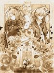  1girl aku_no_musume_(vocaloid) bow brother_and_sister dress evillious_nendaiki flower hair_bow hair_flower hair_ornament haru_aki kagamine_len kagamine_rin pocket_watch sepia siblings twins vocaloid watch 