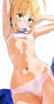 1girl absurdres ahoge arm_up armpits arms_behind_head arms_up artoria_pendragon_(fate) artoria_pendragon_(swimsuit_archer)_(fate) artoria_pendragon_(swimsuit_archer)_(first_ascension)_(fate) ass_visible_through_thighs bare_shoulders bikini blonde_hair blue_ribbon blush braid braided_bun breasts closed_mouth commentary english_commentary fate/grand_order fate_(series) green_eyes hair_bun highres looking_at_viewer medium_hair navel ribbon saber_(fate) sidelocks simple_background small_breasts smile smirk solo swimsuit underboob waligner wet white_background white_bikini 