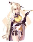  1girl bare_shoulders beijiushui black_gloves blush breasts china_dress chinese_clothes chinese_hairpin claw_ring dress elbow_gloves genshin_impact gloves hair_ornament hair_stick hairpin highres holding holding_smoking_pipe large_breasts long_hair looking_at_viewer multiple_girls ningguang_(genshin_impact) parted_bangs red_eyes smile smoking_pipe solo tassel tassel_hair_ornament thighs very_long_hair white_hair 