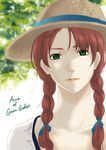  absurdres anne_of_green_gables anne_shirley braid collarbone face freckles green_eyes hair_ribbon hat highres lips long_hair looking_at_viewer md5_mismatch older orange005 portrait ribbon solo sun_hat twin_braids twintails 