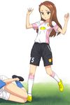  a1 absurdres arms_up brown_eyes brown_hair clothes_writing grass hairband highres idolmaster idolmaster_(classic) idolmaster_2 kneehighs long_hair minase_iori shoes shorts sneakers soccer_uniform solo sportswear sweat 