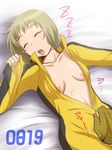 1girl areolae artist_request blonde_hair breasts bruce_lee&#039;s_jumpsuit bruce_lee's_jumpsuit female highres huang_baoling open_mouth short_hair sleeping tiger_&amp;_bunny 