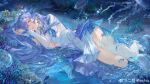 1girl blue_eyes blue_flower breasts cantarella_(wuthering_waves) chinese_commentary commentary_request dress earrings ergouzi_echo fish flower garter_straps hair_between_eyes hair_flower hair_ornament headdress highres jellyfish jewelry large_breasts logo long_hair looking_at_viewer lying official_art on_side parted_lips purple_hair shrug_(clothing) single_garter_strap single_thighhigh solo thighhighs thighs white_dress white_garter_straps white_shrug white_thighhighs wuthering_waves 