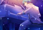  1boy absurdres akaie11 blue_hair colored_tips commentary curtained_hair earrings fish flying_fish from_below from_side grand_piano hashtag-only_commentary highres indie_virtual_youtuber instrument jacket jewelry lapels male_focus multicolored_hair music non-circular_lens_flare pants parted_lips pendant piano piano_bench pink_hair playing_instrument playing_piano profile scale_print sitting sky sleeve_cuffs solo star_(sky) starry_sky stud_earrings suit symbol-only_commentary umimi_shiira virtual_youtuber white_jacket white_pants white_suit yellow_eyes 