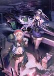  2girls absurdres armpits asymmetrical_footwear black_gloves black_hat black_shirt black_shoes black_shorts black_socks black_thighhighs blush boots can coat copyright_name covered_navel drink drink_can fireworks flashbang floor food g11_(girls&#039;_frontline) girls&#039;_frontline girls&#039;_frontline_2:_exilium gloves green_coat grey_hair gun hair_between_eyes hairband handgun hat highres hk416_(girls&#039;_frontline) holding holding_food holding_popsicle jacket klukai_(girls&#039;_frontline_2) knee_pads long_hair looking_at_viewer looking_up magazine_(weapon) mechty_(girls&#039;_frontline_2) midriff motor_vehicle motorcycle multiple_girls night official_alternate_costume official_art open_clothes open_coat open_mouth outdoors partially_unzipped popsicle purple_jacket red_hairband reflection reflective_water shirt shoes shorts single_knee_pad skindentation sleeveless sleeveless_shirt socks standing summer teardrop_facial_mark thigh_boots thighhighs thighs u-suke_(supertie) water weapon white_shirt 