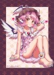  1girl absurdres ankle_flower barefoot bird_wings blue_nails blush border bow brown_hat carbohydrate_(asta4282) casual_one-piece_swimsuit collarbone commentary_request drop_shadow earrings feathered_wings fingernails flower gold_earrings hand_in_own_hair hat heart highres jewelry long_fingernails long_toenails medium_hair mystia_lorelei one-piece_swimsuit patterned_background pink_background pink_hair pink_one-piece_swimsuit purple_border red_brooch see-through_clothes see-through_sleeves sitting smile solo swimsuit toenails touhou unmoving_pattern white_bow wing_hat_ornament wings yellow_eyes 