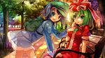  aqua_eyes backpack bag bench blue_eyes blue_hair blush bow dress frills front_ponytail green_eyes green_hair hair_bobbles hair_bow hair_ornament hair_ribbon hat highres kagiyama_hina kawashiro_nitori leaning_forward multiple_girls open_mouth park_bench ribbon see-through short_twintails sitting skindentation spirtie thighhighs touhou tree twintails two_side_up white_legwear 