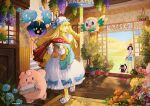  2girls :d alternate_costume arm_up bag baiguiyu blonde_hair clefairy commentary_request cosmog day dress flower green_shorts hat highres indoors lillie_(pokemon) litten long_hair multiple_girls open_mouth plant pokemon pokemon_(creature) pokemon_sm potted_plant red_hat rowlet selene_(pokemon) shirt shorts shoulder_bag sky slippers smile socks stairs standing tied_shirt white_dress white_hat yellow_socks 