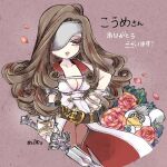  1girl armored_gloves artist_name bare_shoulders beatrix_(ff9) belt belt_buckle breasts brown_background brown_eyes brown_hair brown_pants buckle cleavage colored_eyelashes cowboy_shot cropped_legs curly_hair eyepatch falling_petals final_fantasy final_fantasy_ix fingerless_gloves flower gloves gold_trim hand_on_own_hip holding holding_sword holding_weapon long_hair loose_belt medium_breasts megsuri pants parted_lips petals red_flower red_petals red_rose rose solo sword vest weapon white_vest 