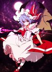  ascot bat_wings blue_hair full_moon hat hat_ribbon highres mirogo moon night red_eyes remilia_scarlet ribbon shirt short_hair skirt skirt_set sky slit_pupils smirk solo spear_the_gungnir star_(sky) touhou wings 