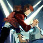  2boys black_pants brown_hair green_eyes gundam gundam_zz highres holding_hands interlocked_fingers jacket judau_ashta kamille_bidan long_sleeves looking_at_another m_issile male_focus multiple_boys out_of_frame pants parted_lips red_jacket short_hair skinny solo_focus 