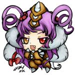  :d armor atk402 blush bow brown_bodysuit brown_eyes chibi claws eyebrows_visible_through_hair fang full_body hair_ornament hair_scrunchie heterochromia horn_bow horn_ornament horns looking_at_viewer lowres mole open_mouth purple_hair red_bow red_eyes scrunchie signature smile solo standing starcraft two_side_up v-shaped_eyebrows zerg_(starcraft) zerg_ultralisk 
